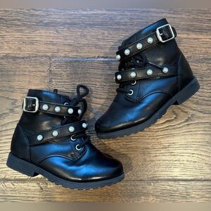 Black Kids Boots with Buckle and Pearl Detail